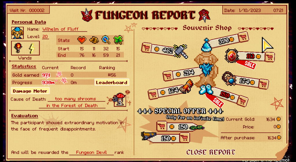 The Furcifer’s Fungeon game over report. It is very detailed with a lot information shown.