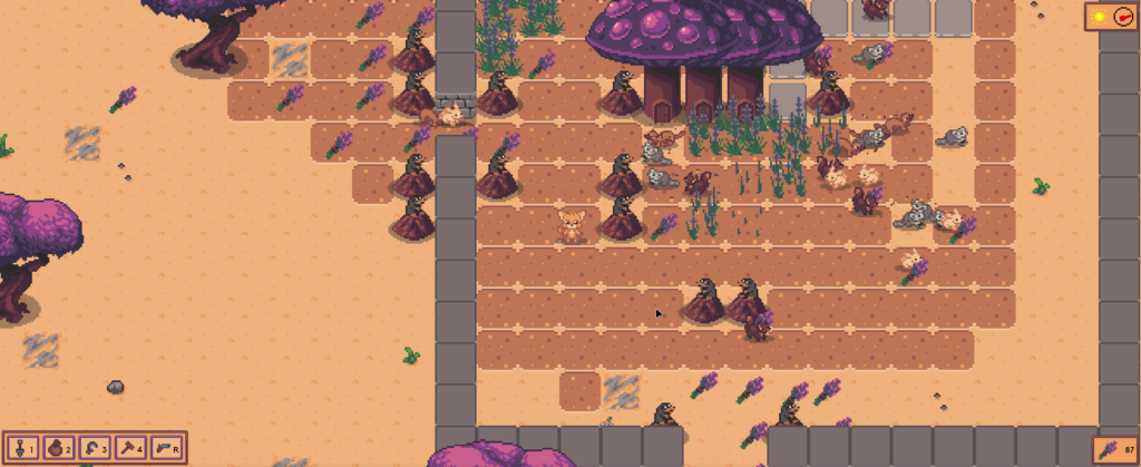 A late game screenshot. There are walls, sentry moles and a lot of animal critters running around working.