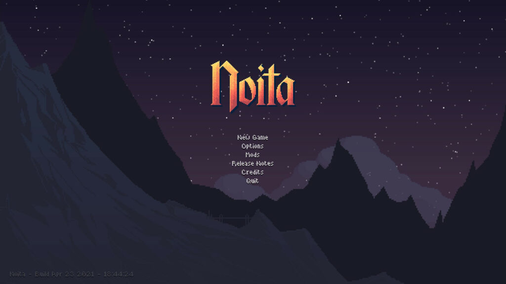 The Noita title screen. You see the mountain from the start of the game.