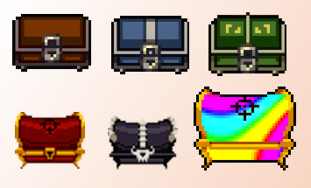 There are brown, blue, green, red, black, and rainbow chests in the Enter the Gungeon.