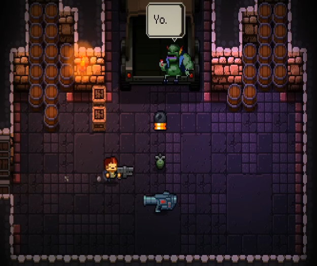 An extra store in Enter the Gungeon. This guy sells more realistic guns and items.