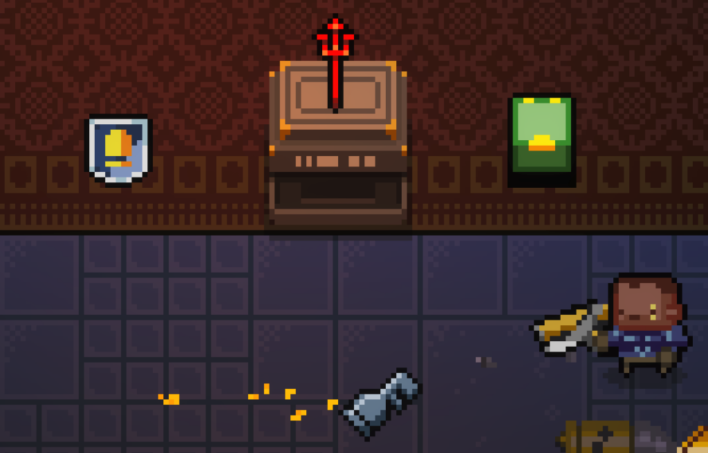 Items dropped from a boss are shown. A green ammo box, armor, and a gun on a pedestal.