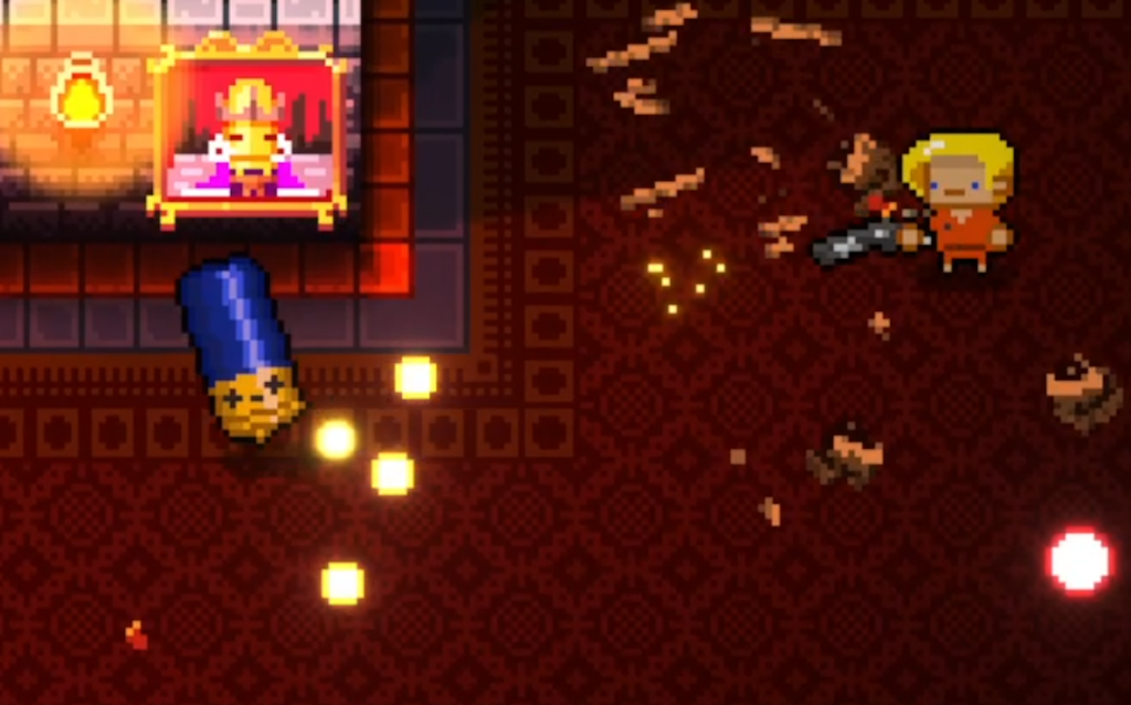 I defeated a blue shotgun bullet kin by shooting it with a sawed-off shotgun.