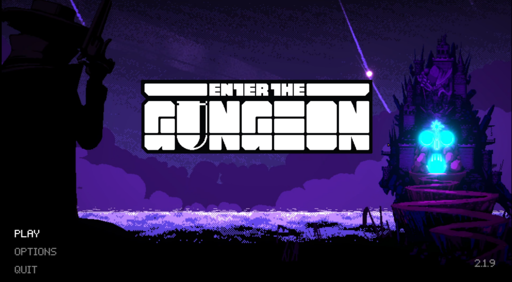 On the Enter the Gungeon title screen, you see a mysterious figure staring off at an odd looking castle in the distance.