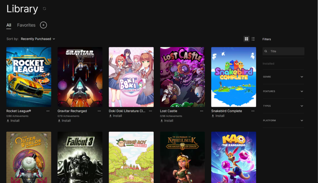 My Epic Games Launcher games library.