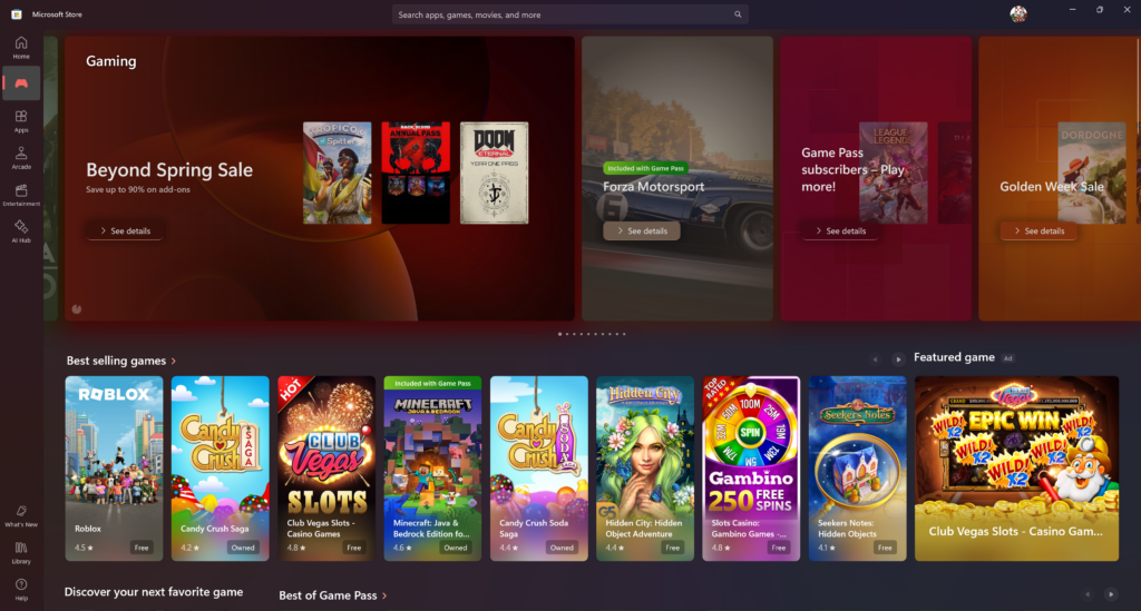 The games section on Microsoft Store.