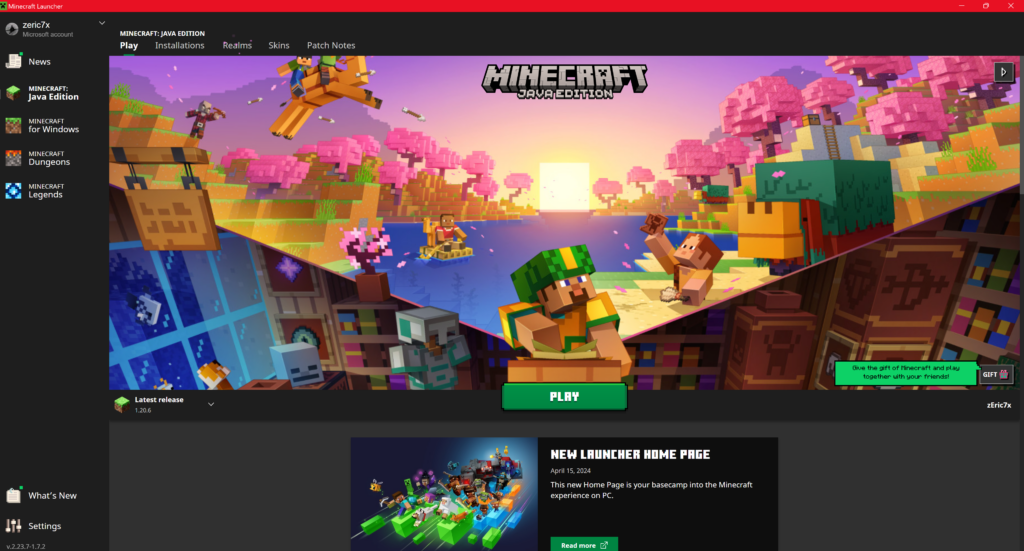 The Minecraft Launcher home screen.