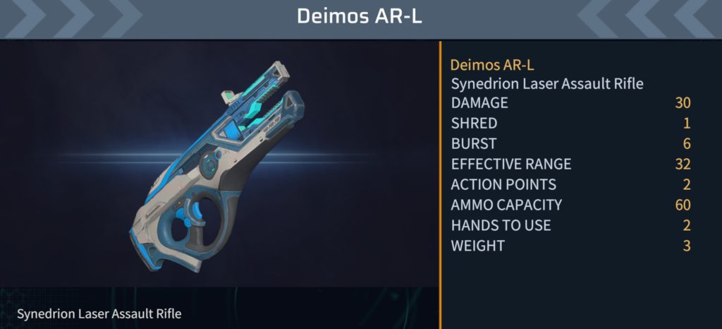 The stats for a gun in the game. The Deimos AR_L. This is the Synedrion laser assault rifle.