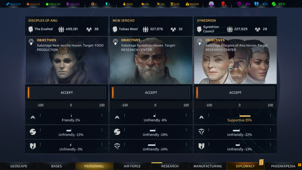 This screen shows information about the factions in the game and shows their leaders.