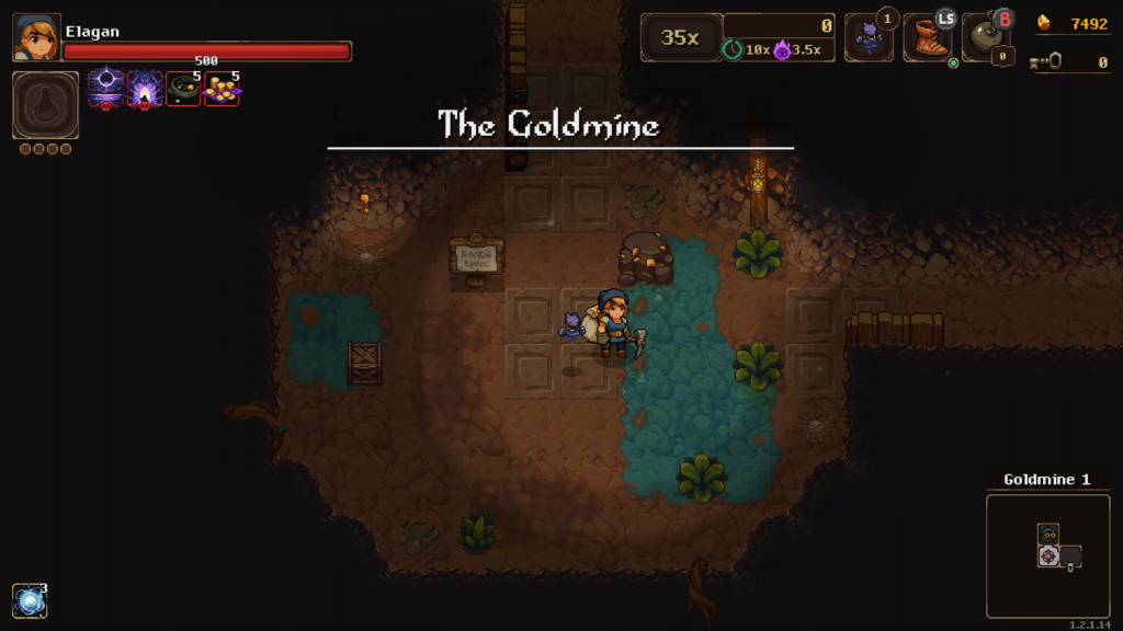 The first room during a UnderMine run. There is a sign.