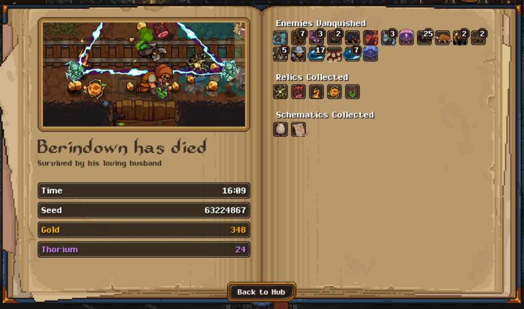 The loss screen shows your items and other useful things.