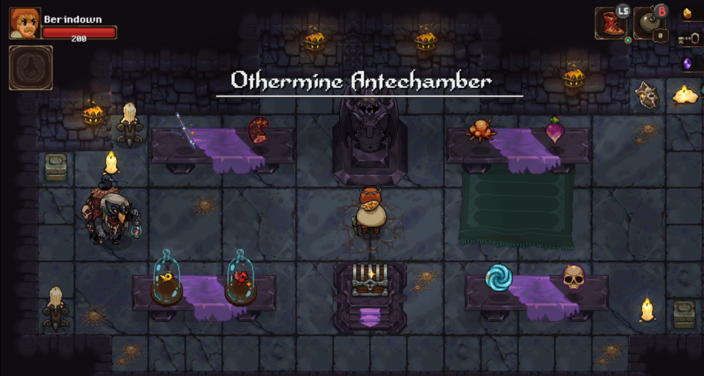 The starting area of a Othermine run. You need to pick a blessing and a curse to start.